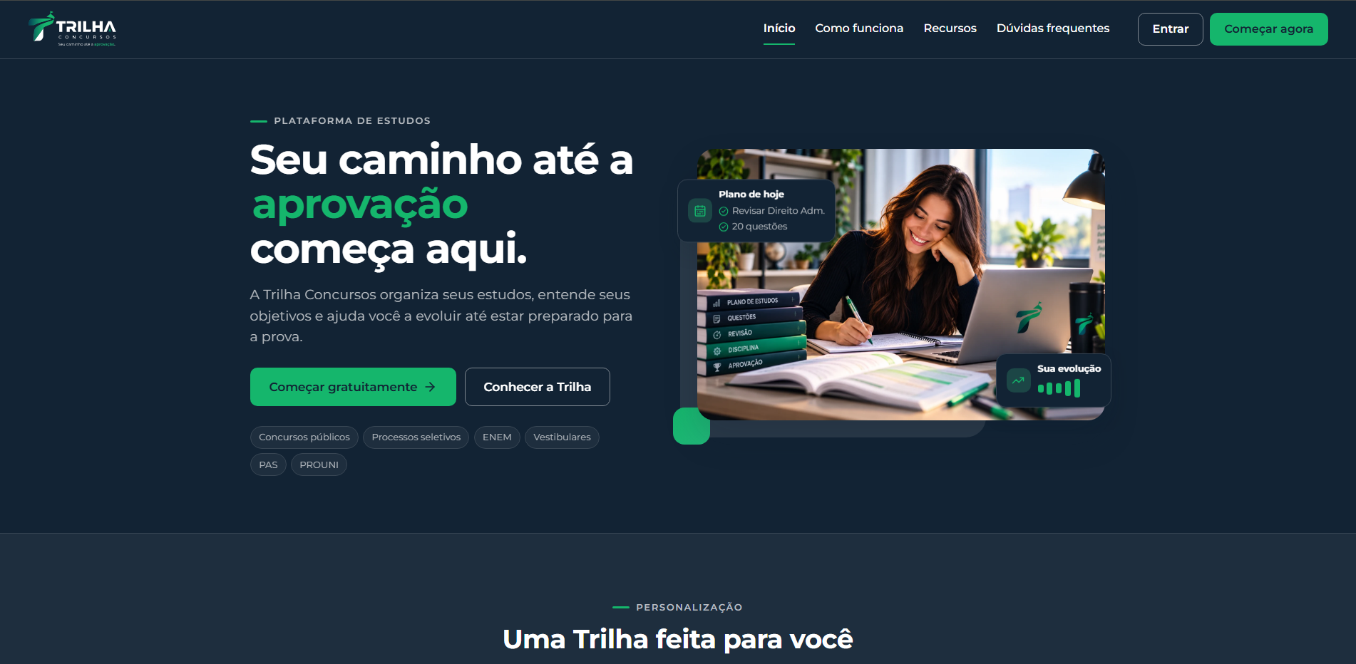 Página inicial do site Trilha Concursos